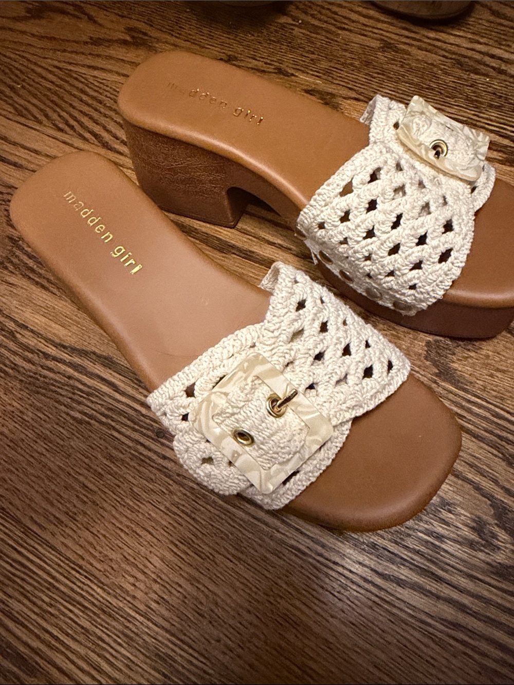 Madden Girl Crochet Buckle Platform Slide in Cream and Tan